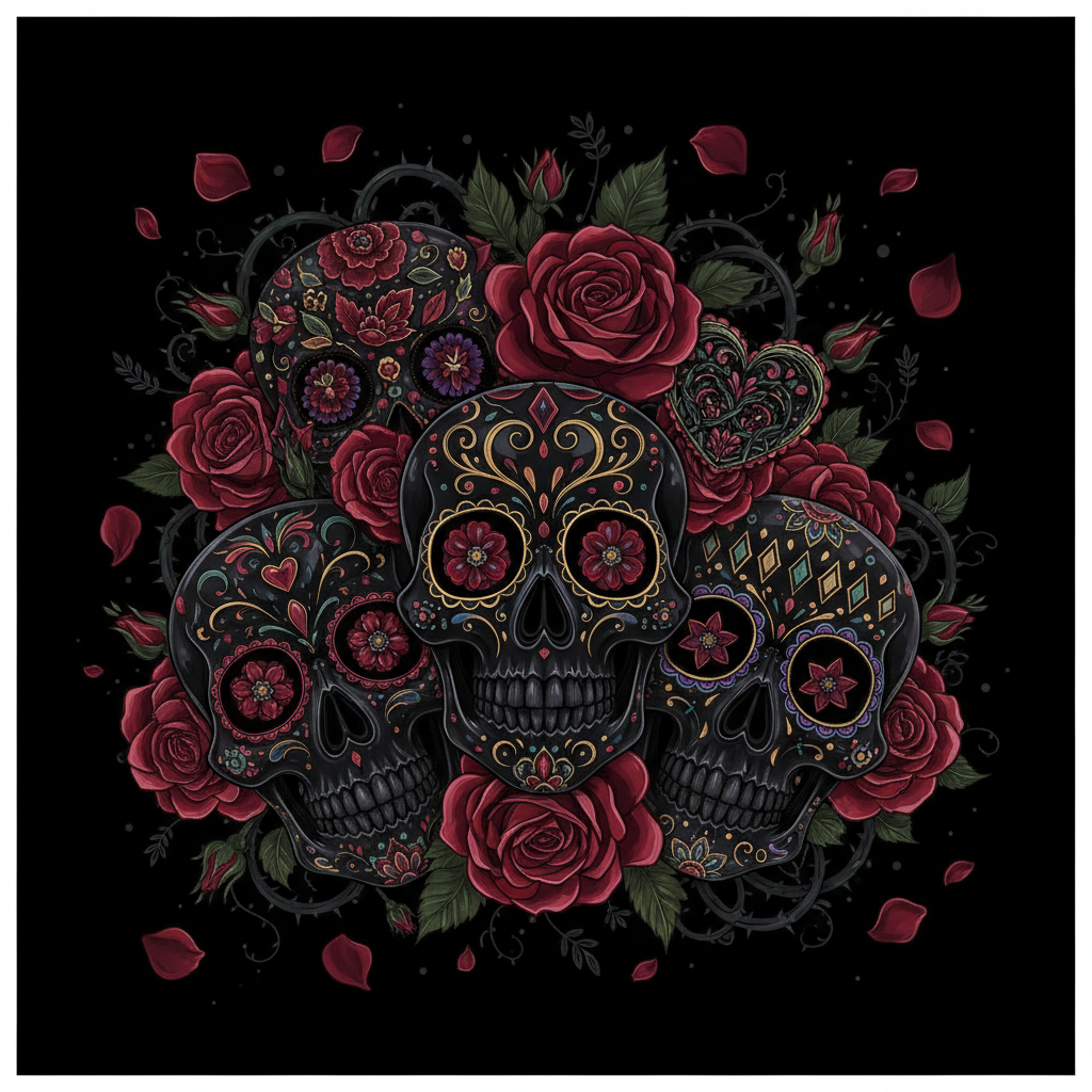 Diseño Pañoleta Calaveras y Rosas