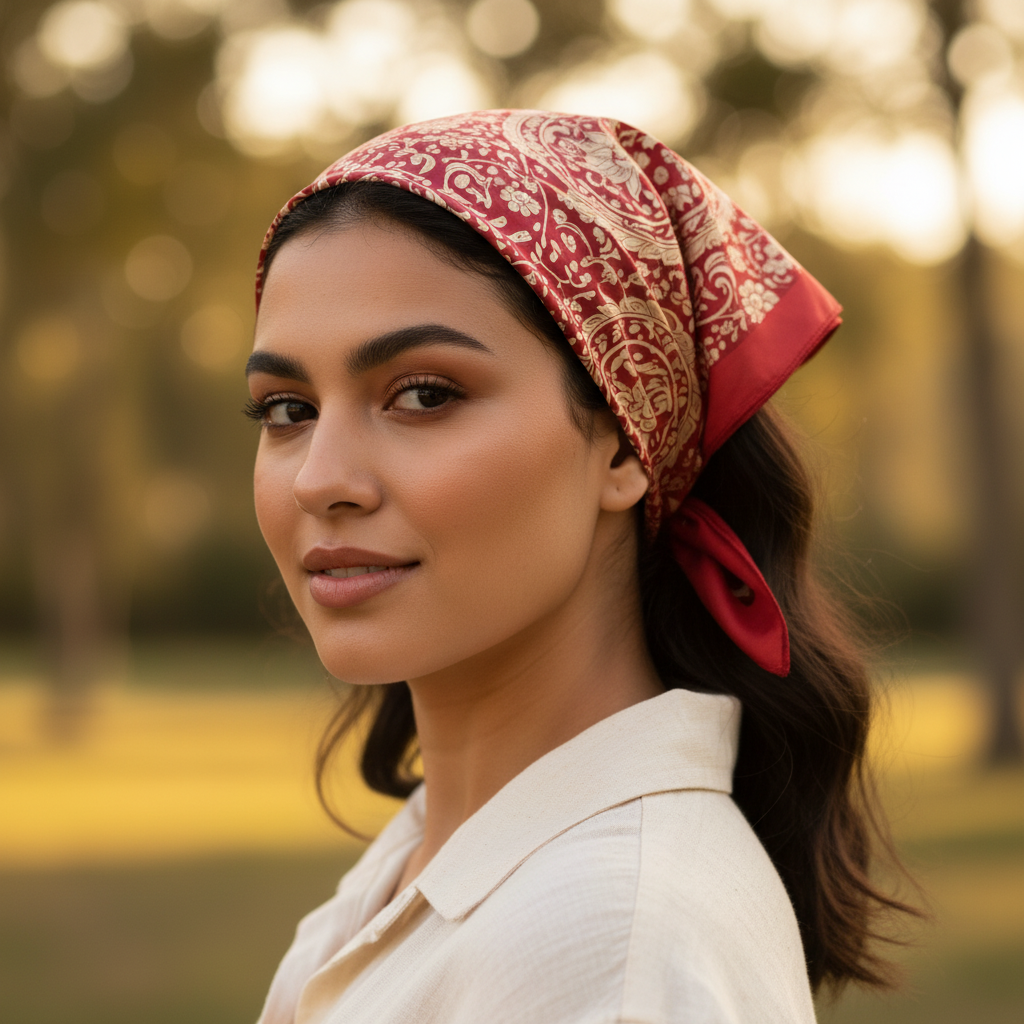 Pañoleta Paisley Roja — en uso